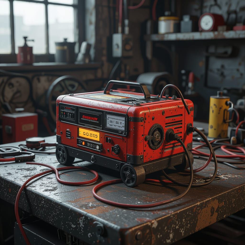 Battery Charger on Workbench: Detailed Matte Painting