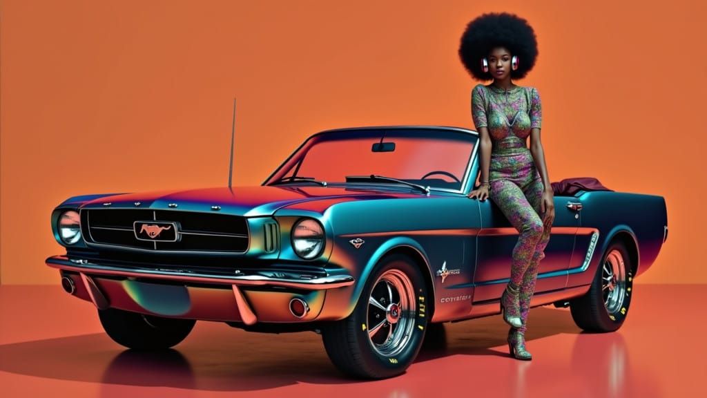 Bold Afro Woman Rides Psychedelic 1965 Ford Mustang