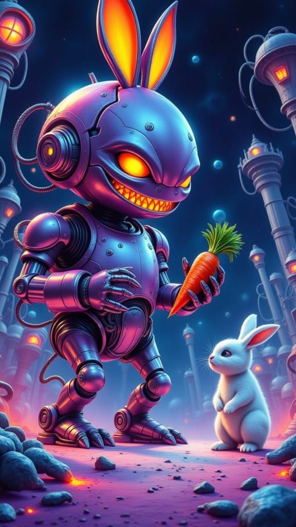 Mechanized Mecka Offers Evil Carrot to Rabbit