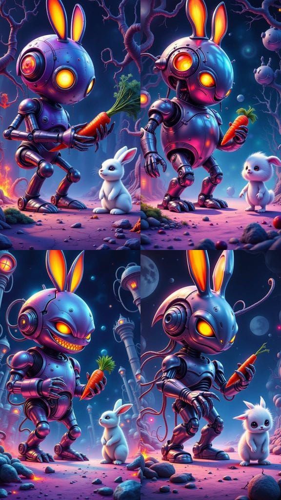 Mechanized Mecka Offers Evil Carrot to Rabbit, Whimsical Sci...