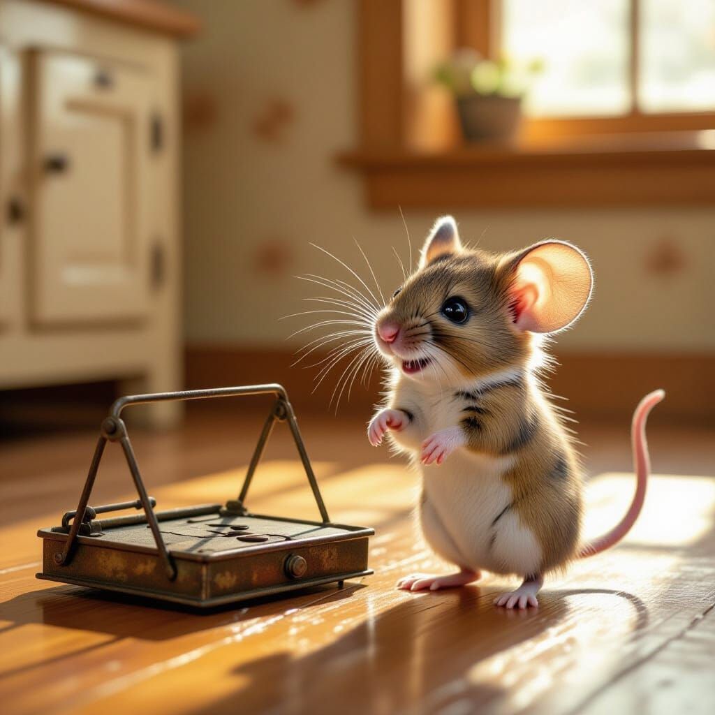 Whimsical Mouse Dances With Smiling Trap in Folk Art Style