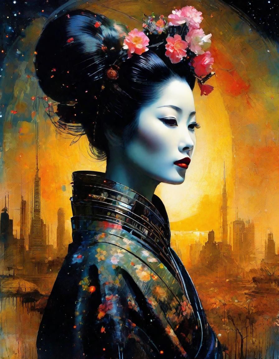 Android Geisha Portrait in Retrofuturistic Style