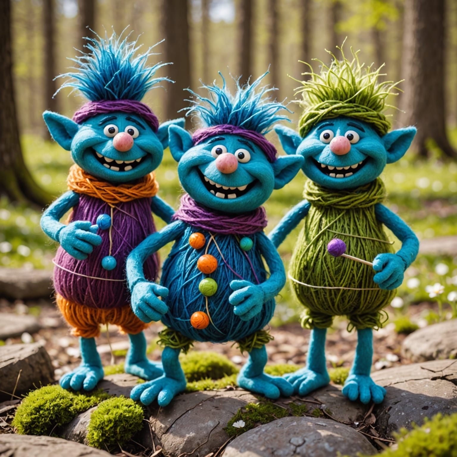 Whimsical Yarn Trolls Playing in a Surreal Park