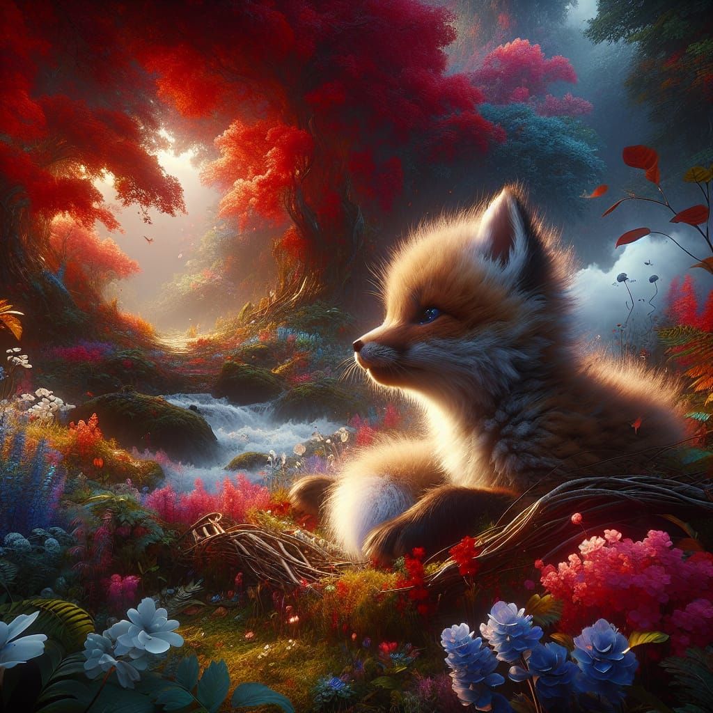 Fluffy Fox Cub in Matte Painting Style