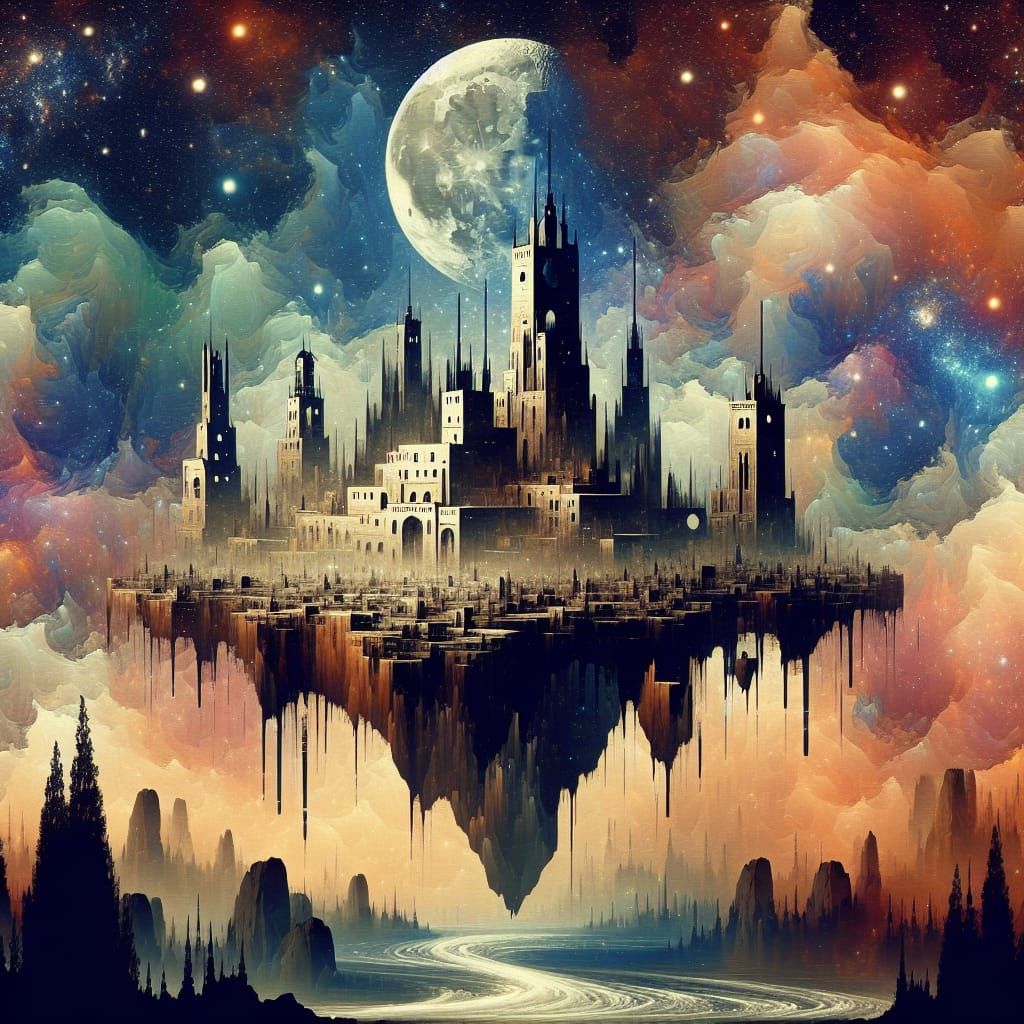 Fantastical Floating Cityscape at Night in Surrealist Style