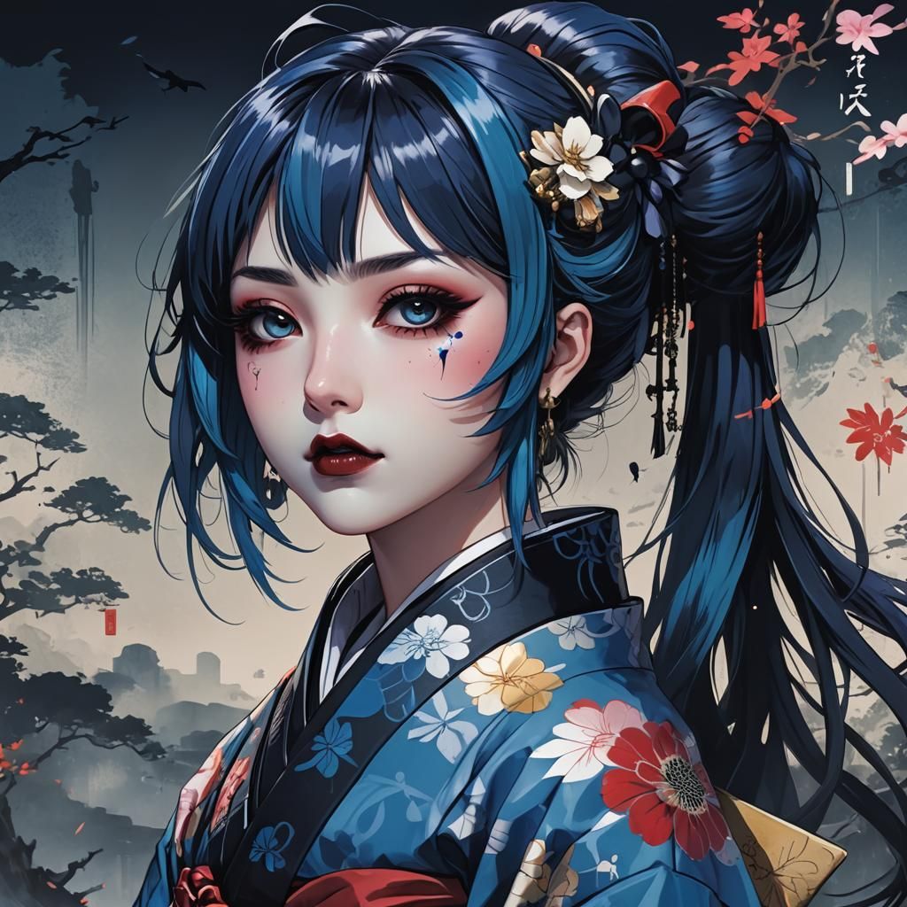 Gothic Kimono Girl: Anime Cel-Shaded Art