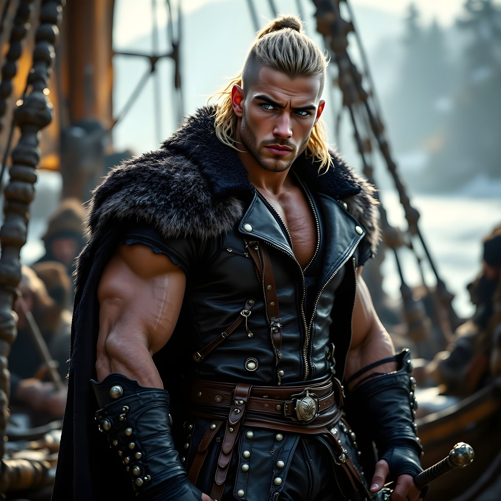 Viking Leader on Ship Bow in Dark Fantasy Style