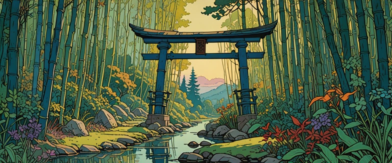 Bamboo Forest Torii Gate with Dragonfly in Sunlight