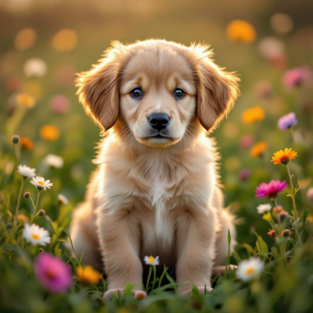 Golden Retriever Puppy in Golden Hour Field