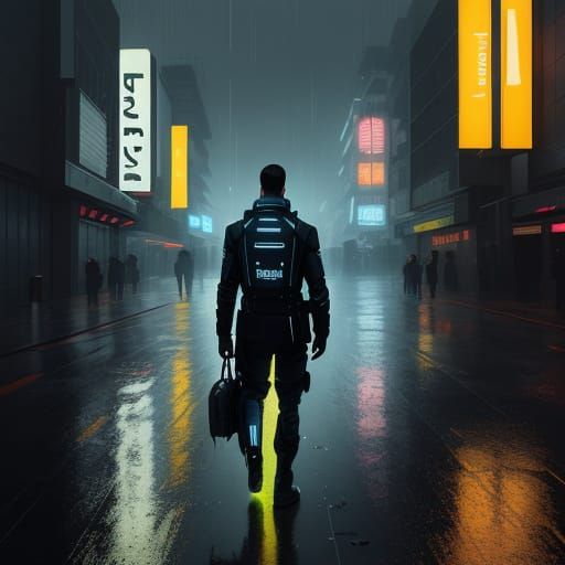 High-Tech Weekend Bag in Dystopian Cityscape