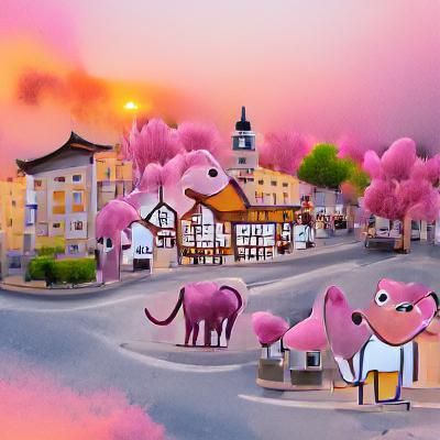 Cartoon Town with Pink Sky and Animals