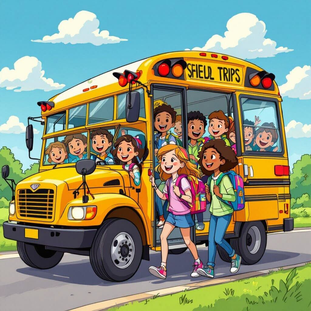 Kids Boarding Sunny School Bus for Field Trip
