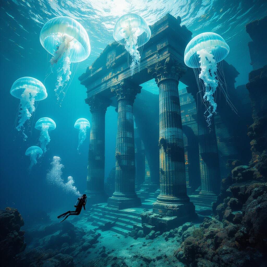 Ancient Underwater Temple With Giant Jellyfish