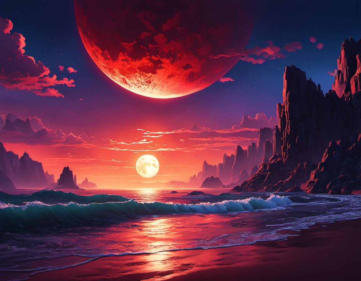 Blood Moonlit Beach Nocturne in Digital Painting Style