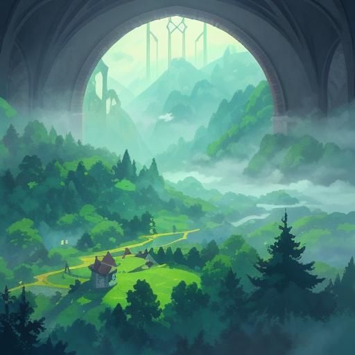 Mountainous Forest Landscape through Castle Window in Manga ...