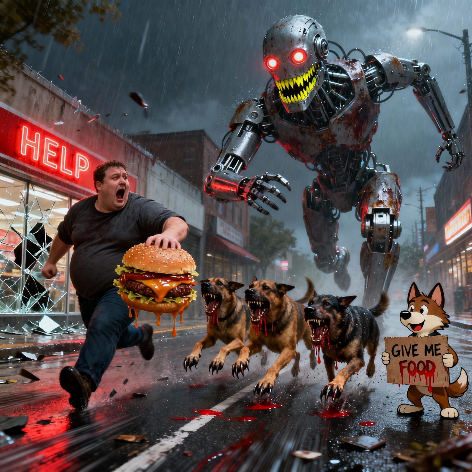 Giant Humanoid Chases Man with Dogs in Hyper-Realistic Style