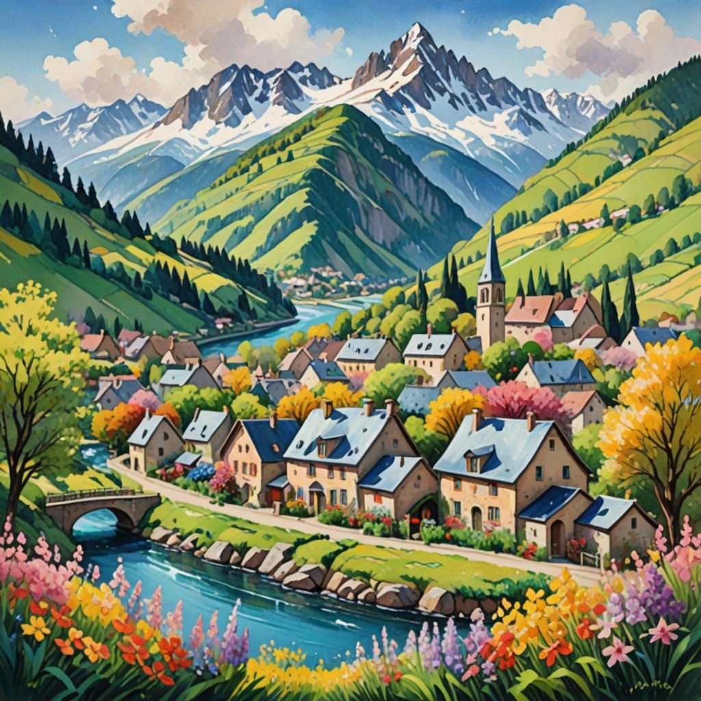 Vibrant French Village Landscape in Impressionist Style