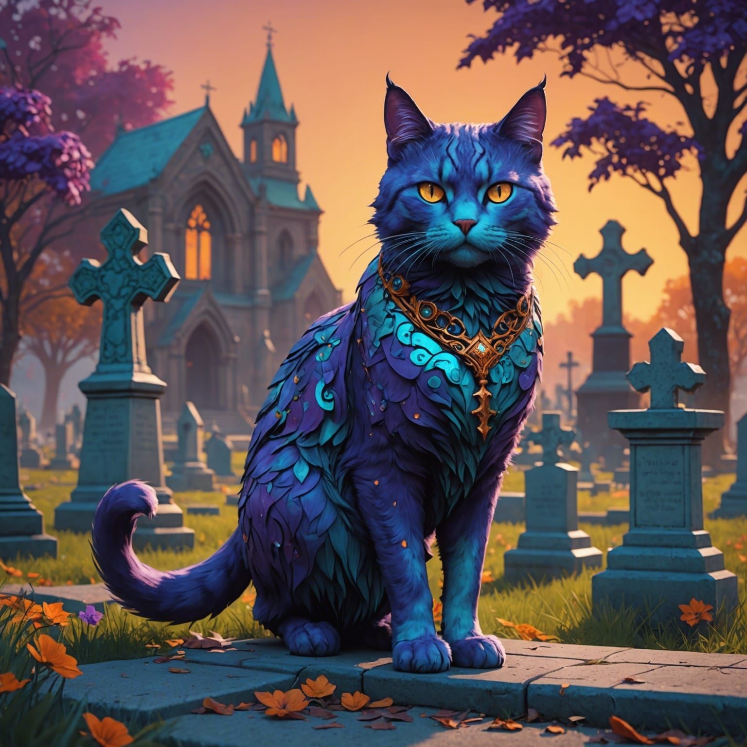 Violet Cat Reaper in Cemetery, Hyperdetailed Art