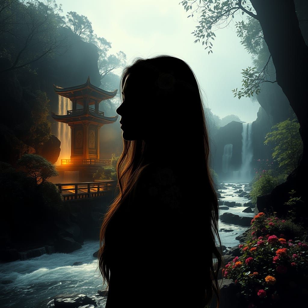 Ethereal Woman Silhouette with Hidden Waterfalls and Garden