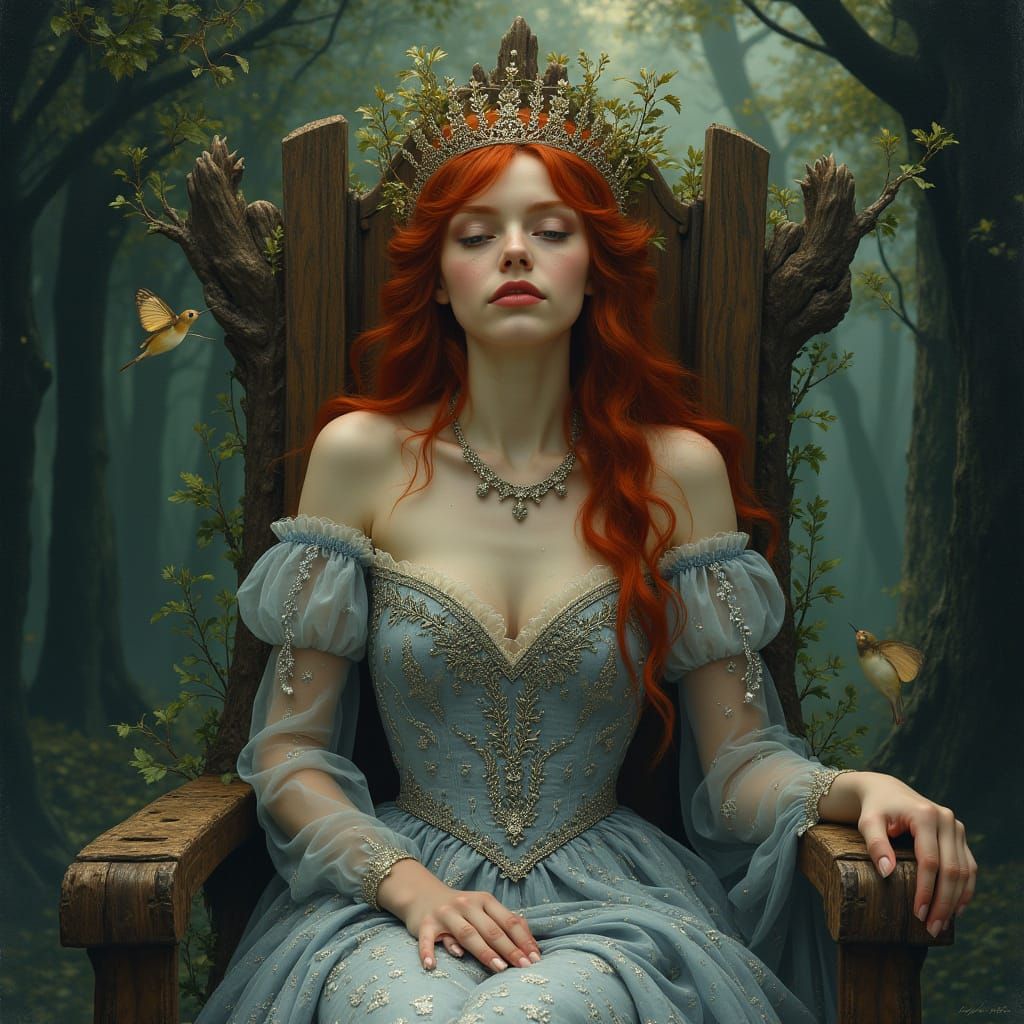 Red-Haired Queen on Oak Throne in Pre-Raphaelite Style