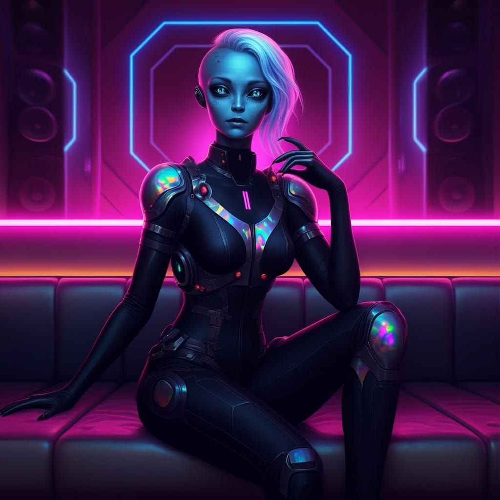 Futuristic Alien Woman in Neon VIP Lounge