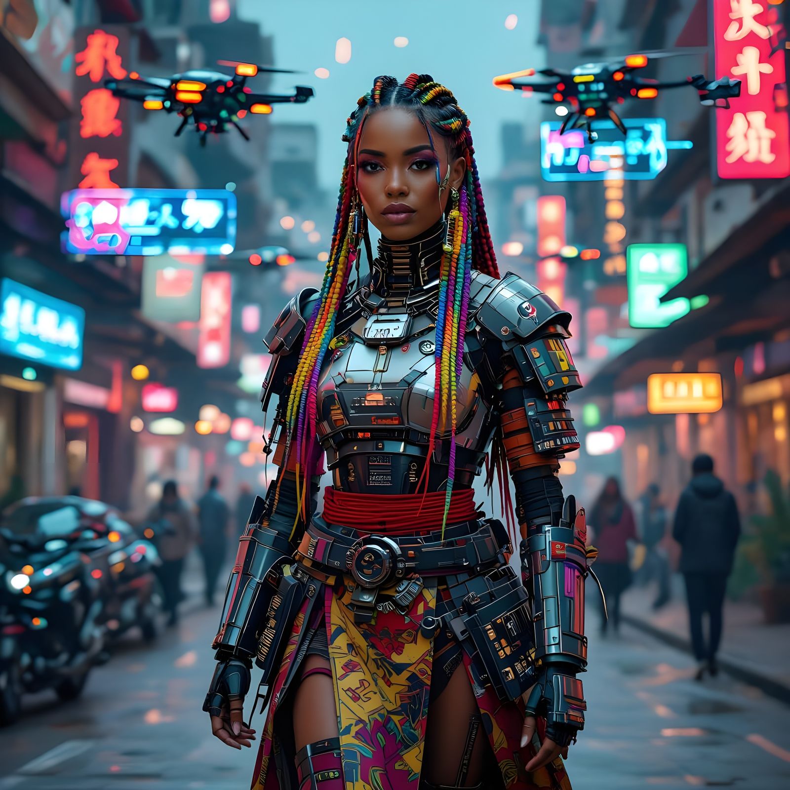Futuristic Robot Samurai in Cyberpunk Cityscape