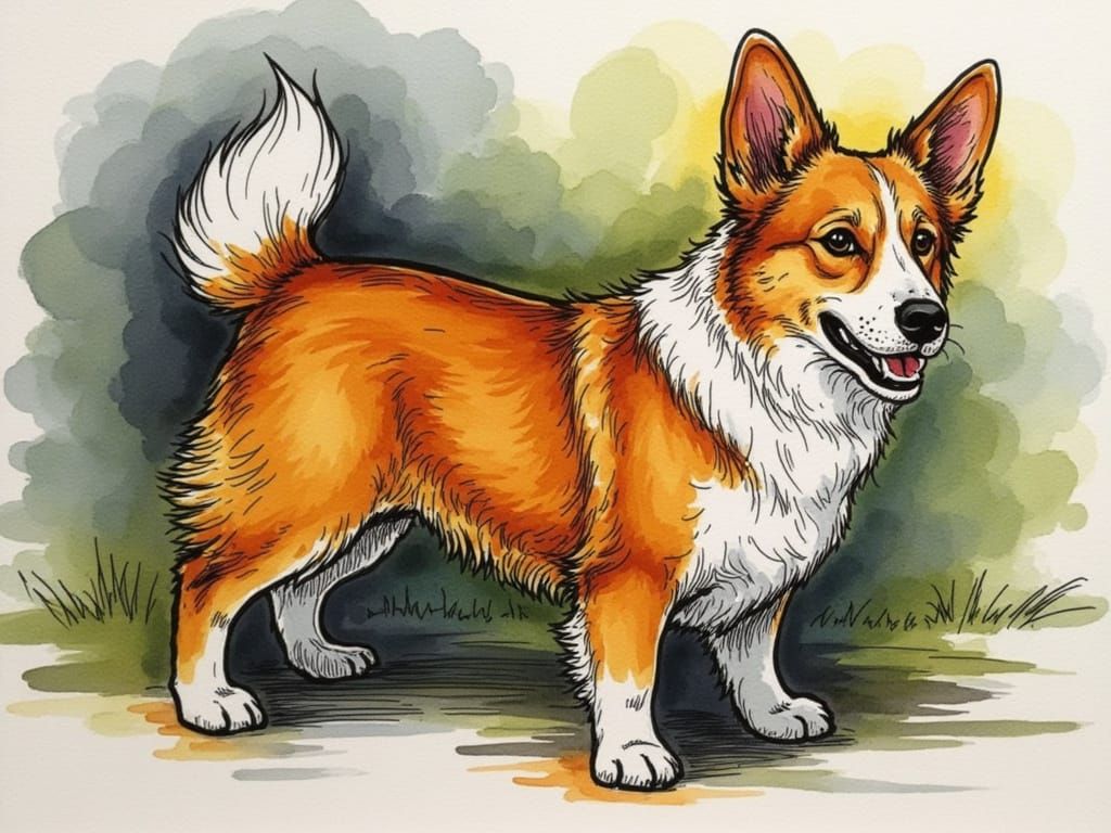 Adorable Corgi in Sketch and Splash Art Style
