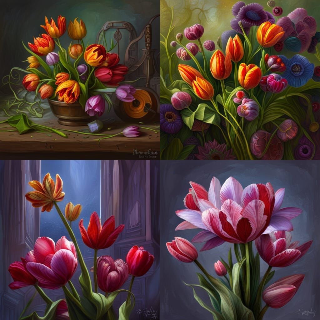 Colorful Tulips Bouquet in Detailed Concept Art