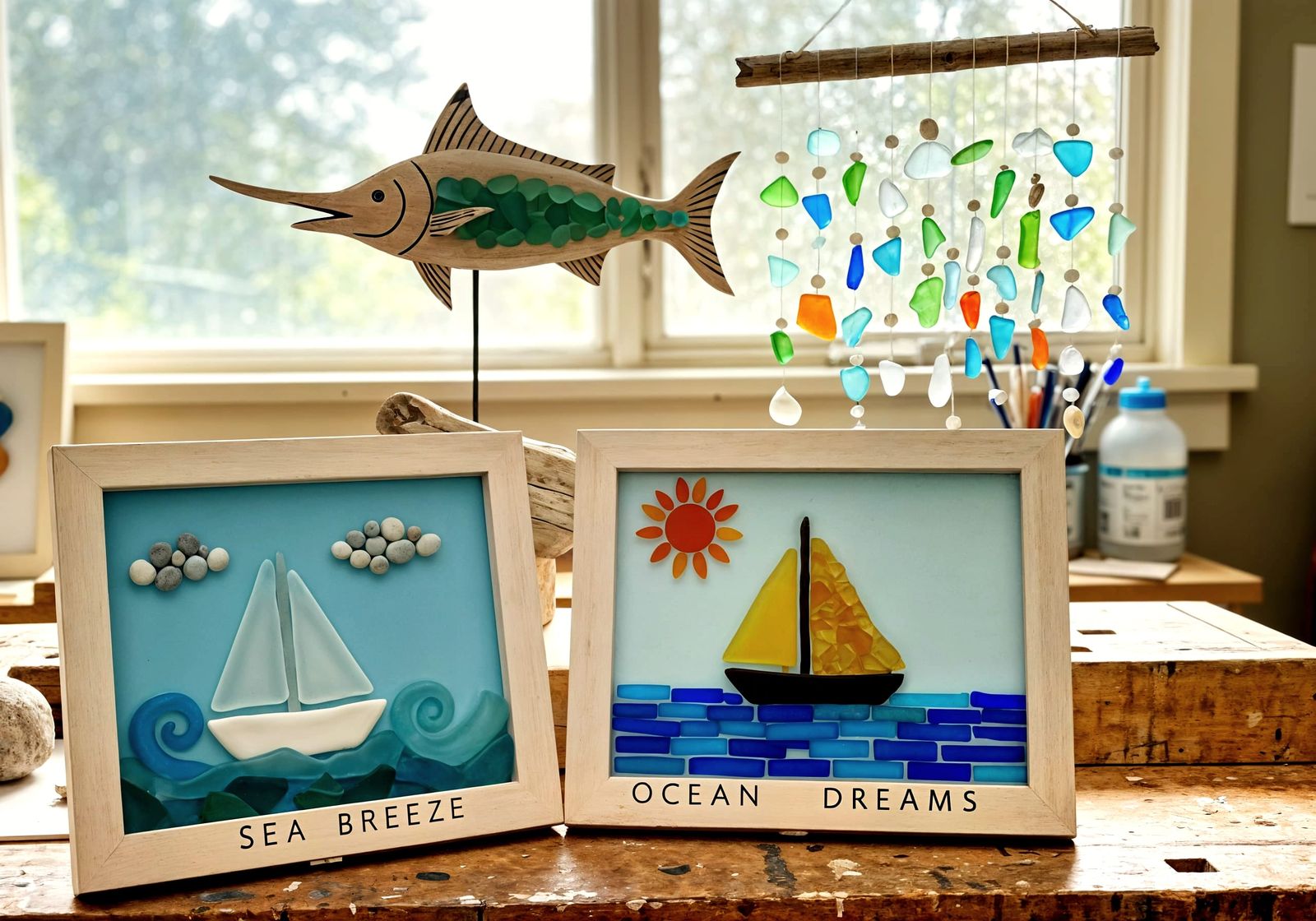 Sea Glass Art: Sailboats and Fish Sculpture