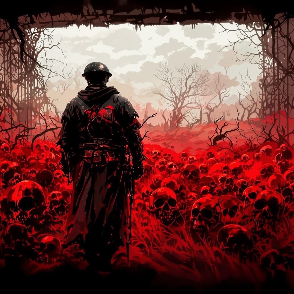 WWII Soldier at the Gates of Hell in Dark Fantasy Style