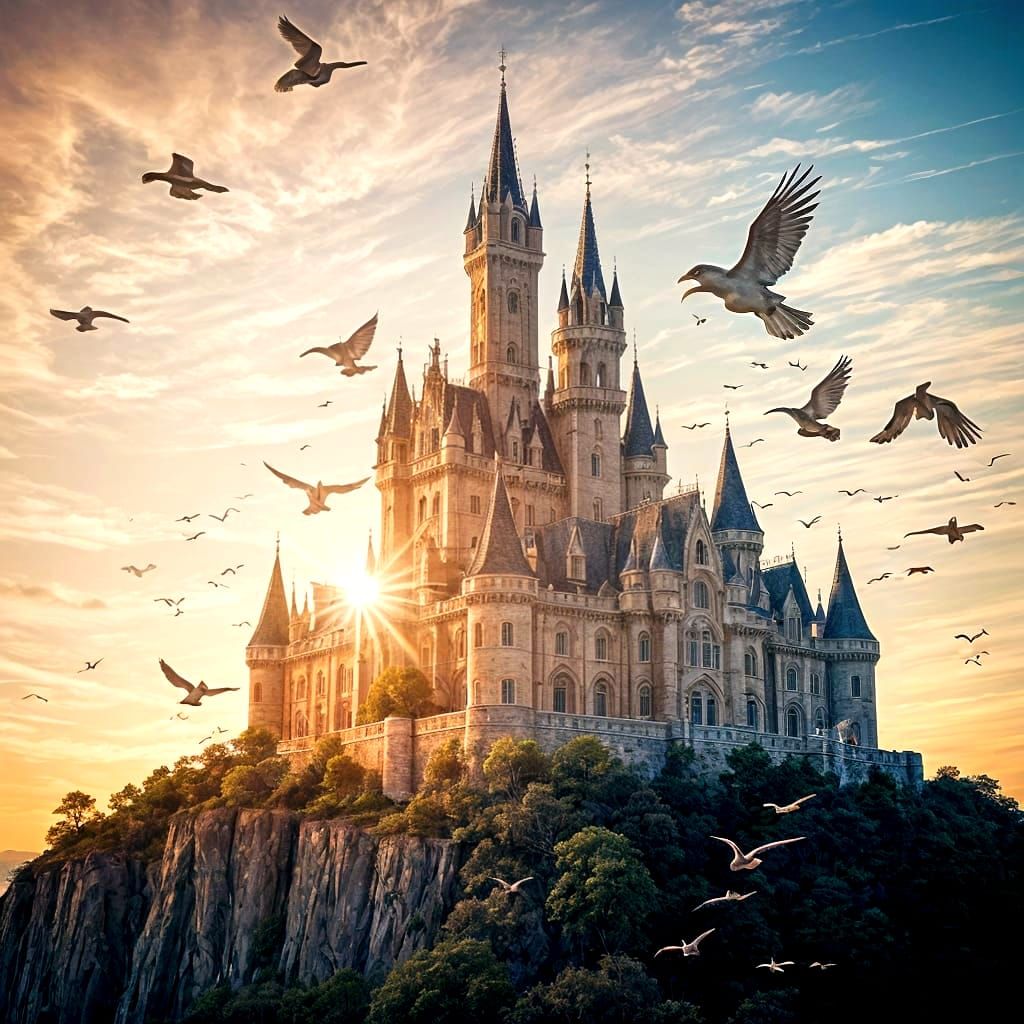 Majestic Castle and Birds at Sunset Double Exposure