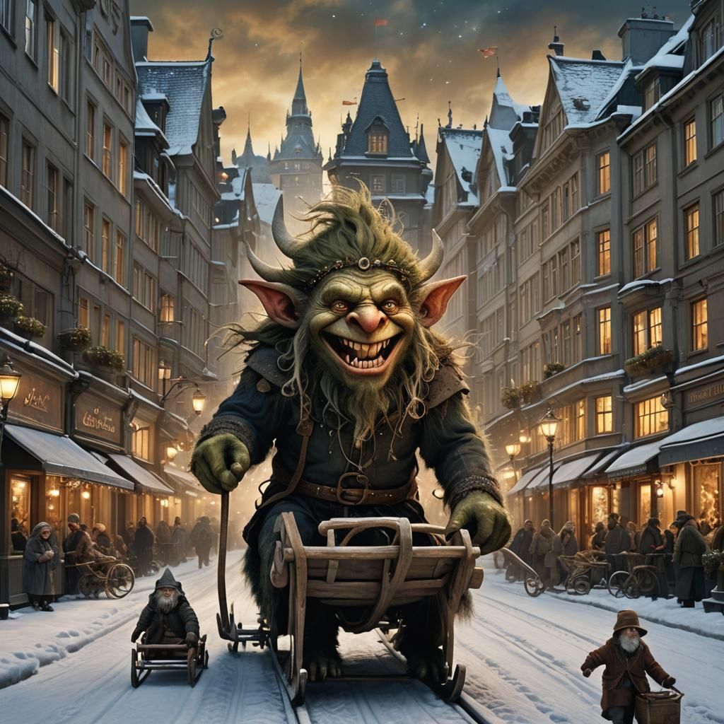 Whimsical Troll Rides Sledge Through Oslo Street