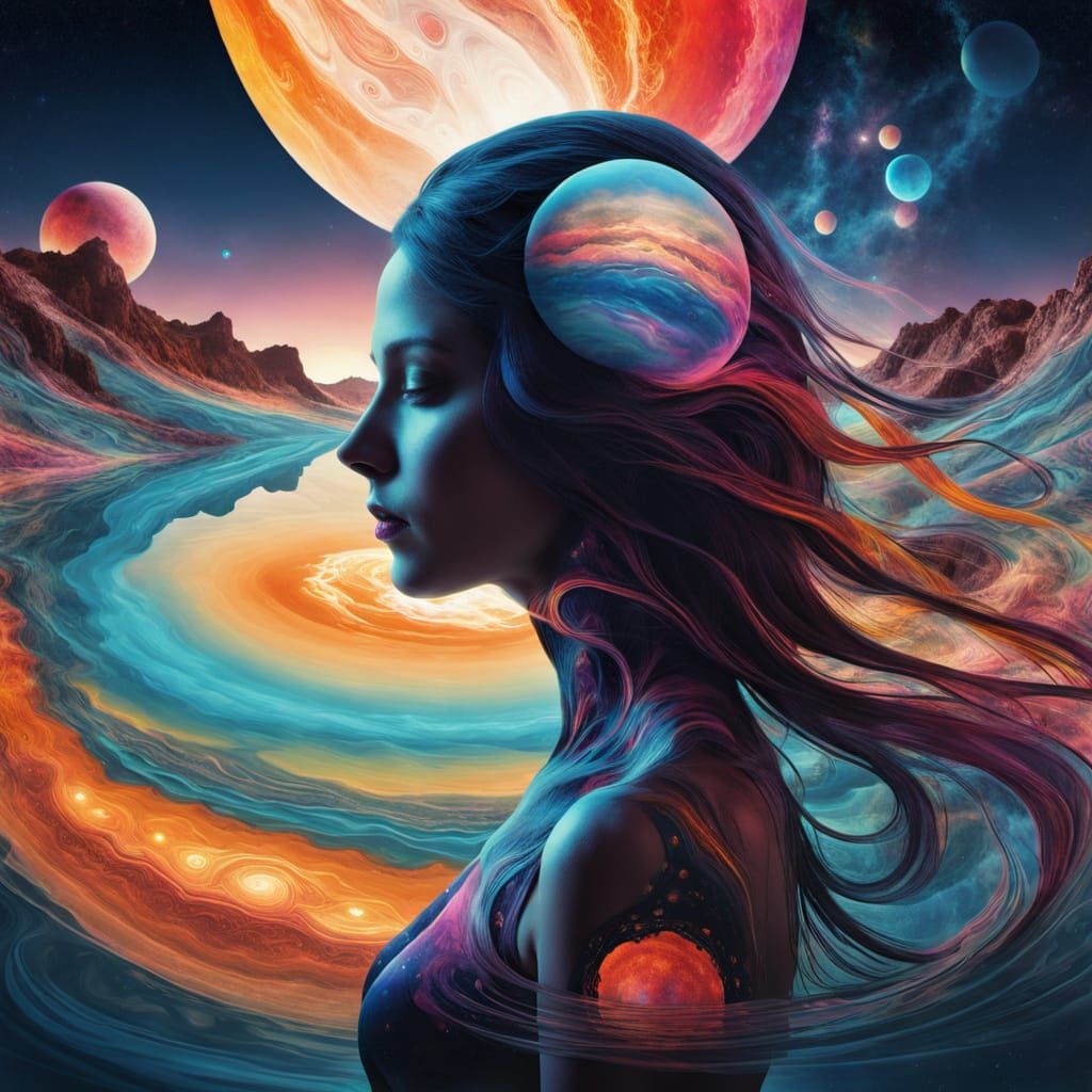 Surreal Double Exposure of Woman and Alien Planet