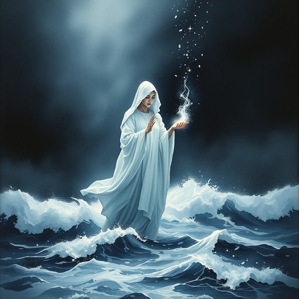 Ethereal Figure Calming Seas with Silver Flame, in Gouache S...