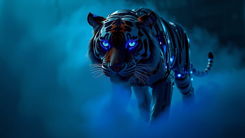Cyberpunk Robot Tiger Emerges from Smoke-Filled Dystopian Me...