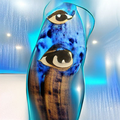 Surreal Blue Banana with Eyes on Glass