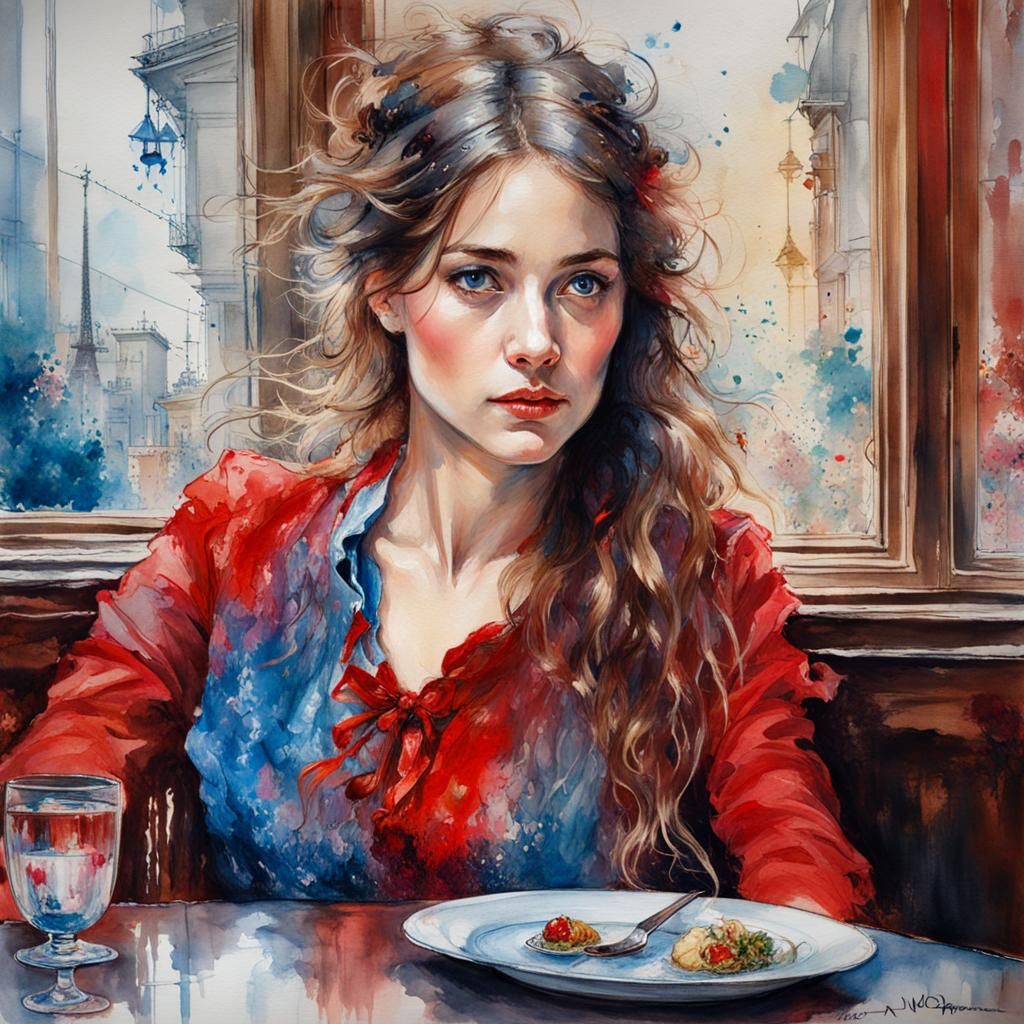 Victorian Lady in Paris Bistro: Watercolor Art