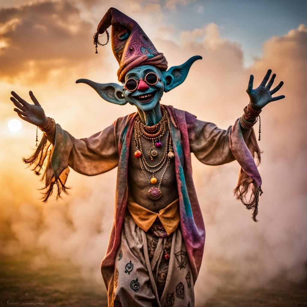 Giant Dobby Jester Dances in a Psychedelic Dream