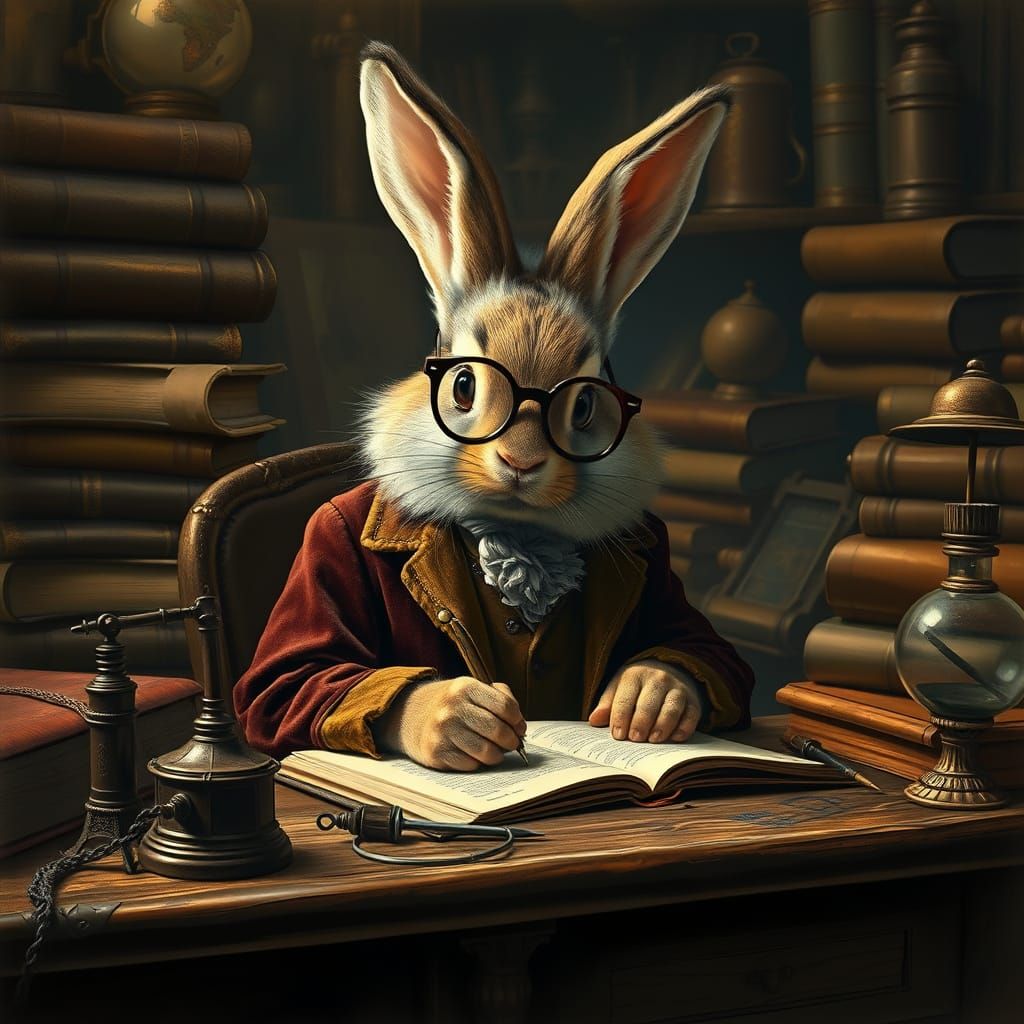 Whimsical Bunny Scholar in Oil-on-Canvas Style