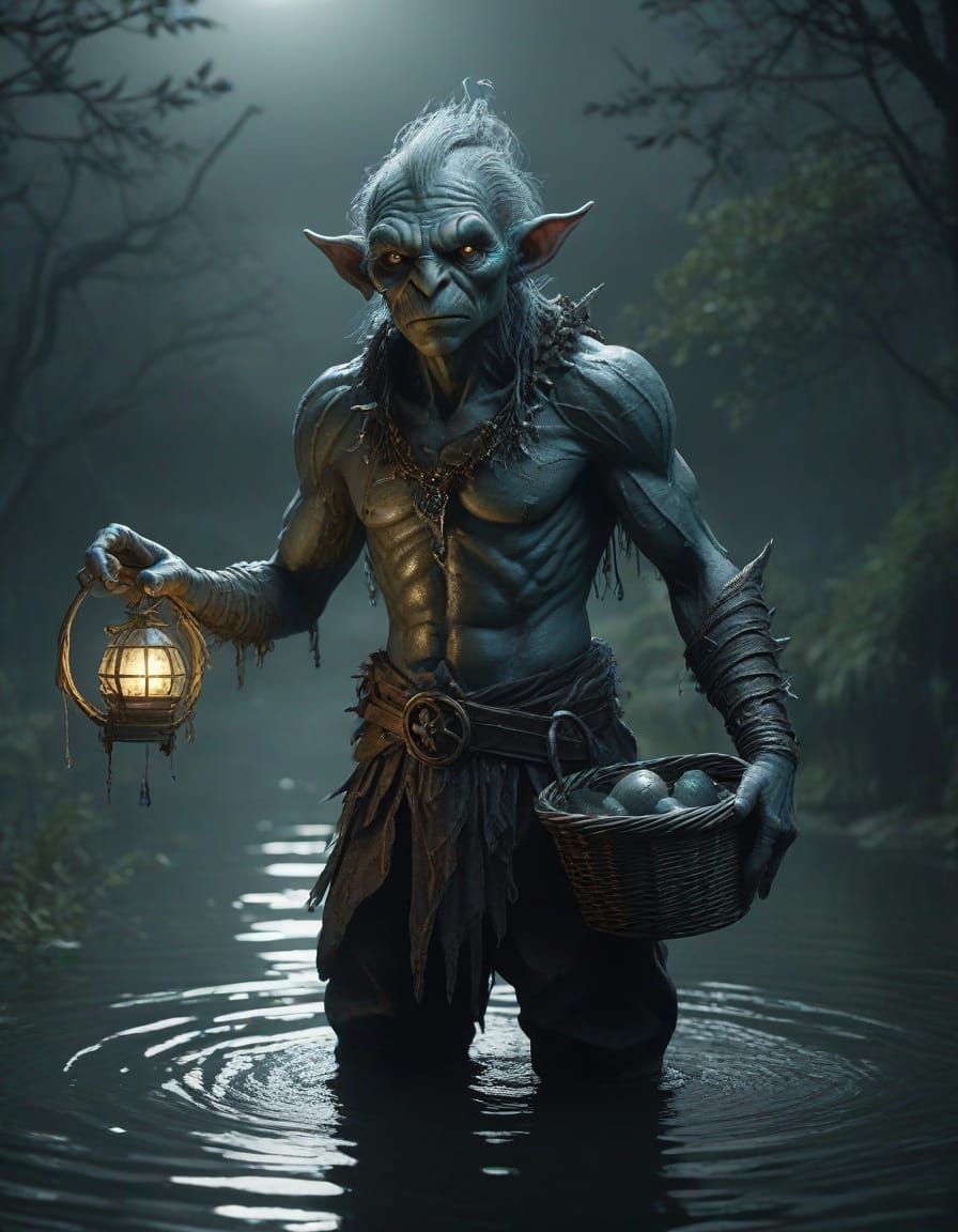 Sinister Water Goblin with Glowing Basket in Dark Fantasy St...