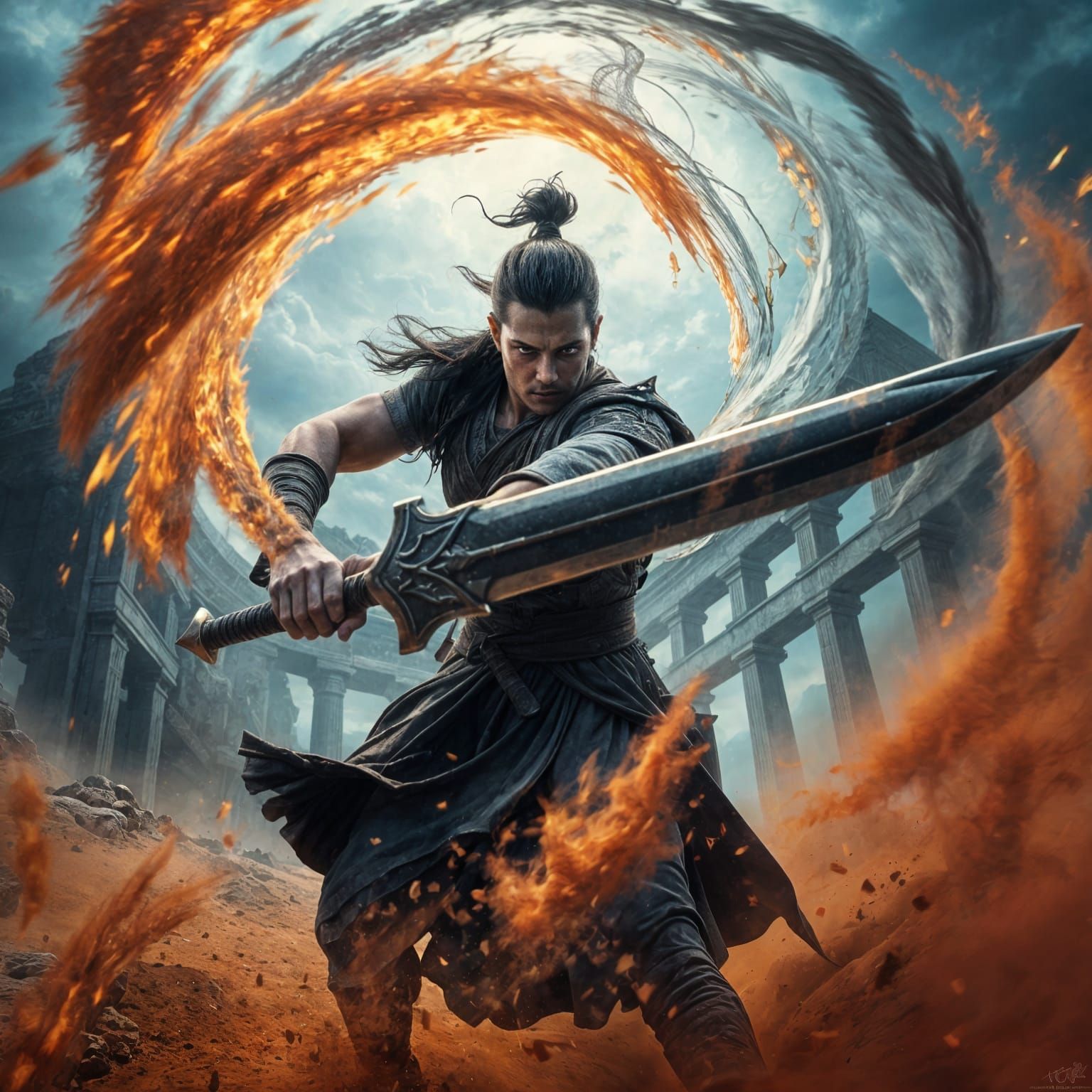 Epic Ancient Spinning Sword in Whirlwind of Fire and Water