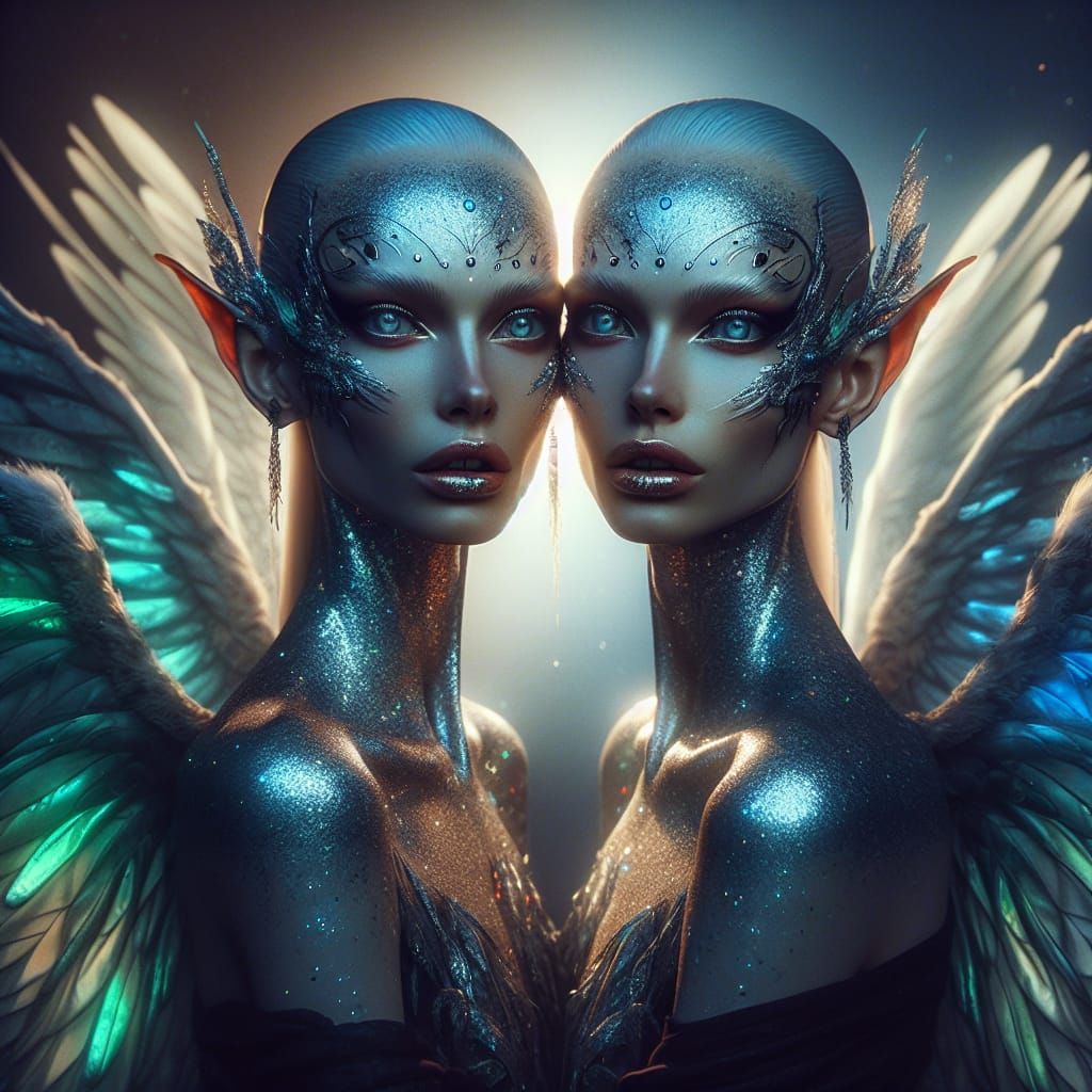 siamese twins joined at the hip. Etherial and translucent sparkly wings in blues, greens and silver. They both have over...