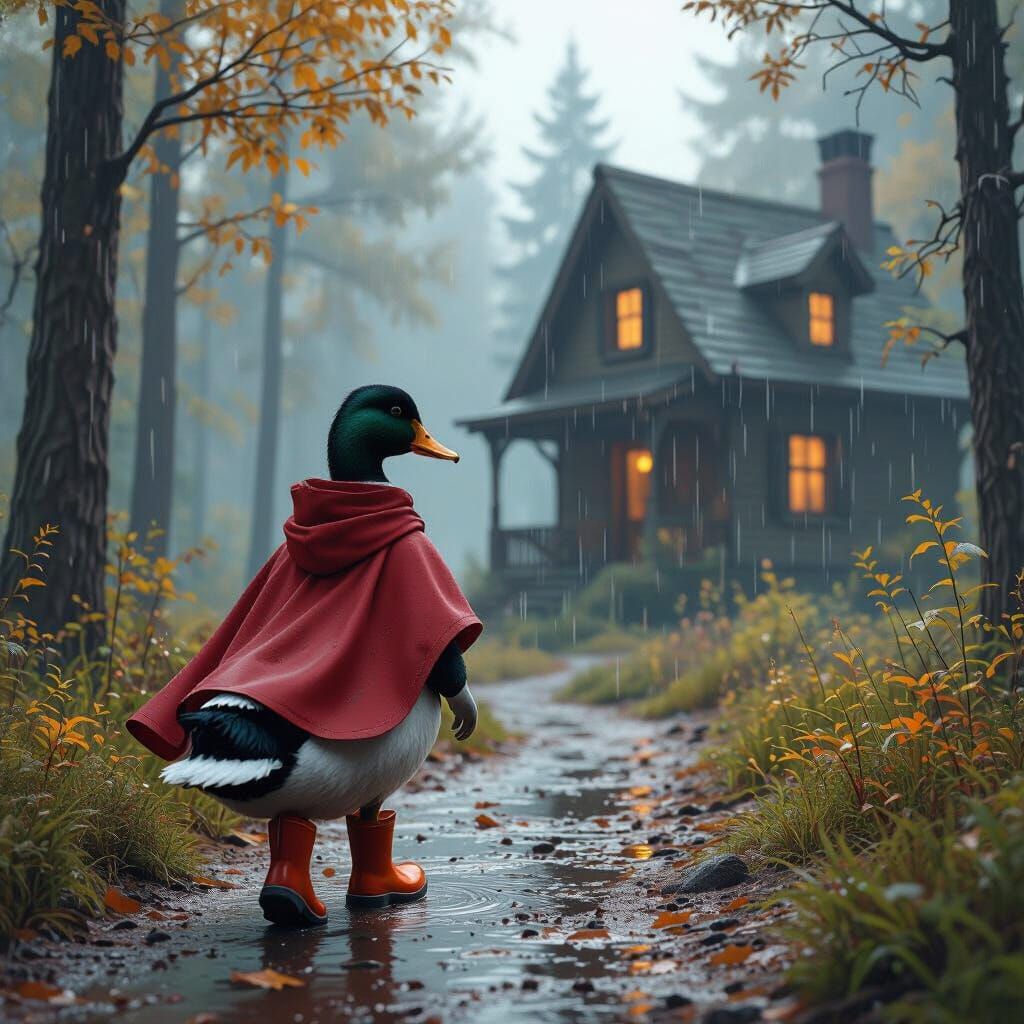 Duck in Boots Walks to Cozy House: Matte Painting