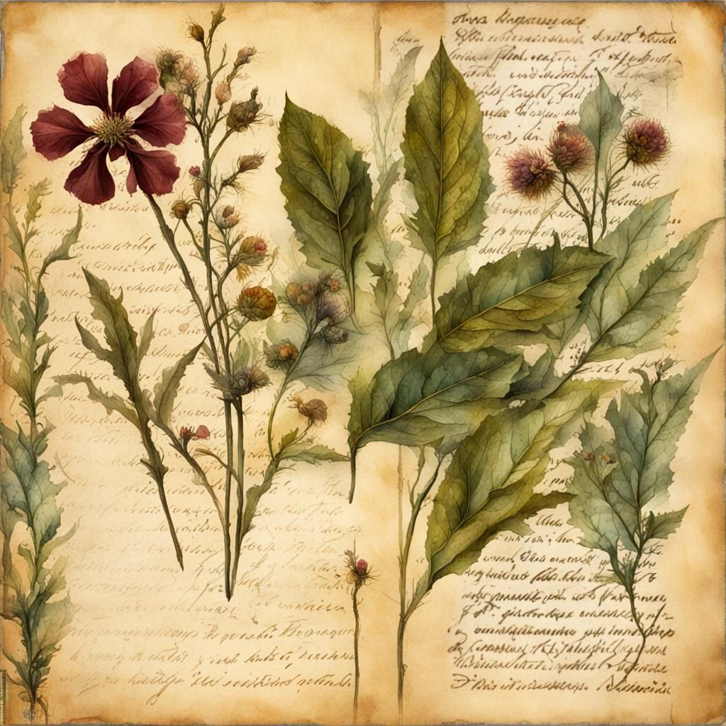 Medieval Botanical Herbarium Page with Watercolor Filter
