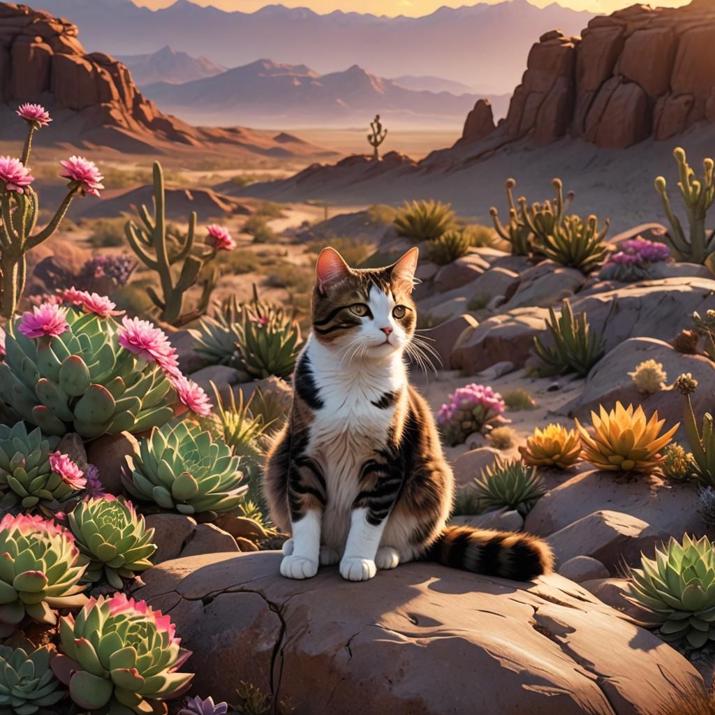 Cat and Succulent in Desert Sunset: Fantasy Art