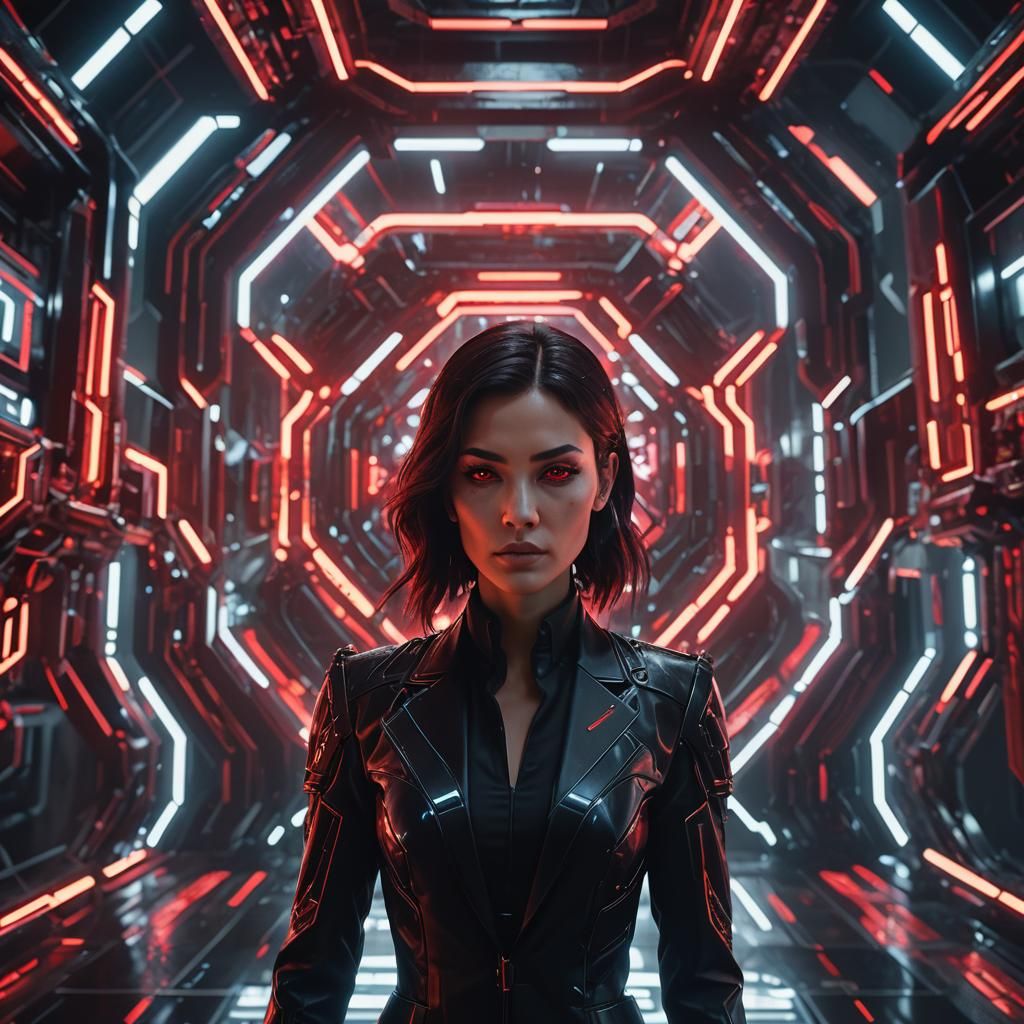Woman in Black Suit with Red Eyes: Cyberpunk Style