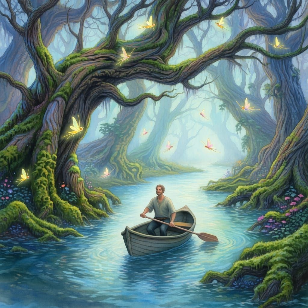 Magical Forest River Scene in Watercolor Style
