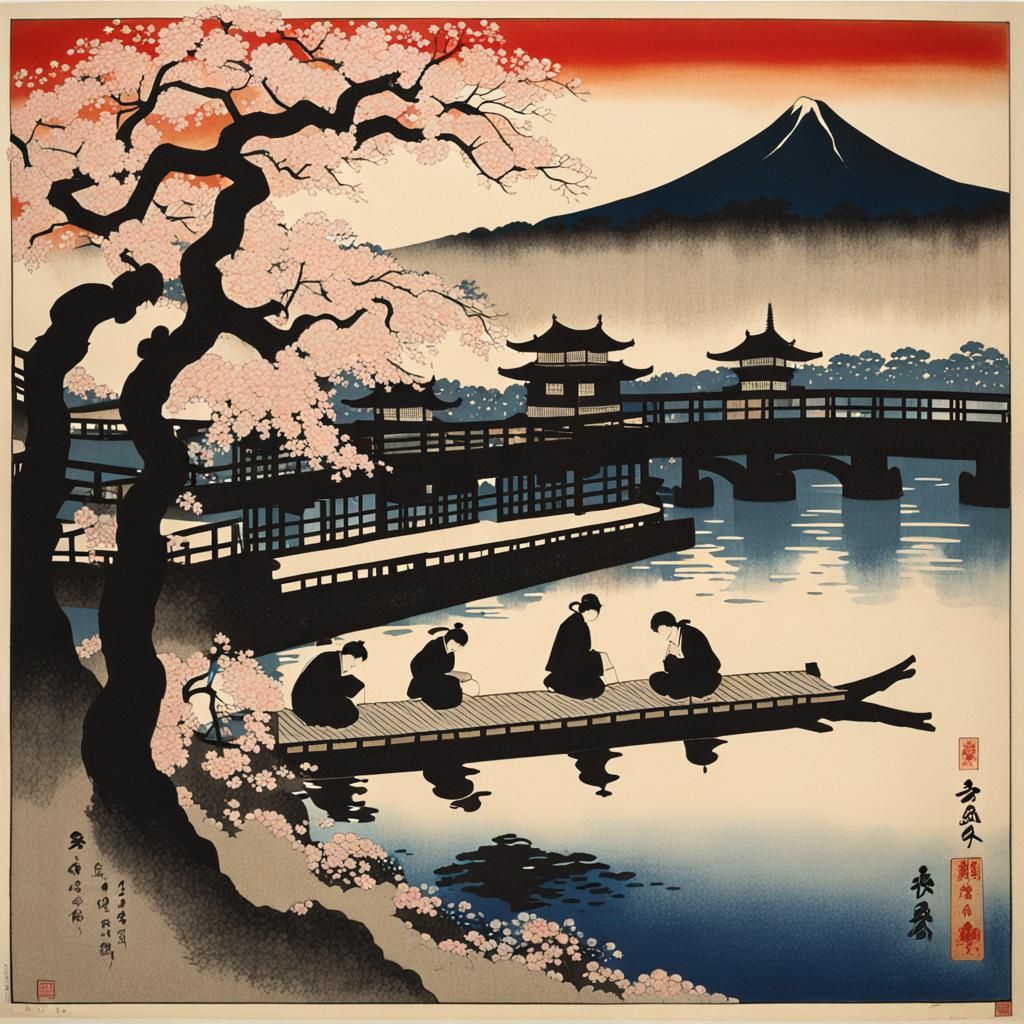 Silhouettes by Sakura River: An Ukiyo-e Scene