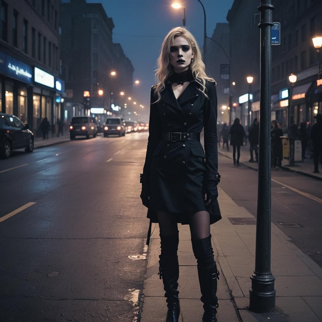 Goth Woman at Bus Stop in Dark Academia