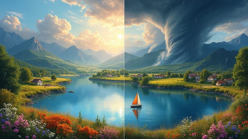 Serene and Stormy Landscape in Split Image